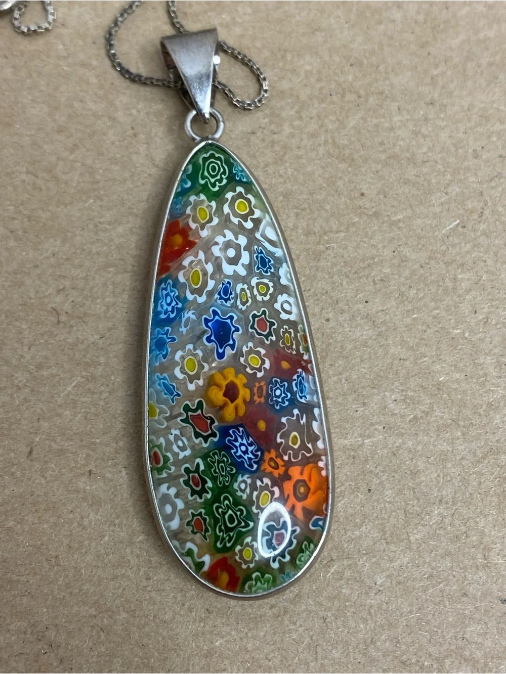 Millefiori Made In Italy Floral Glass Teardrop Pendant Sterling Silver Box Chain